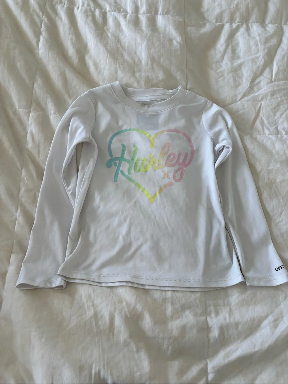 Hurley Girls Long Sleeve Swim Shirt Rash guard Size 4 White UPF 50+ Heart Logo